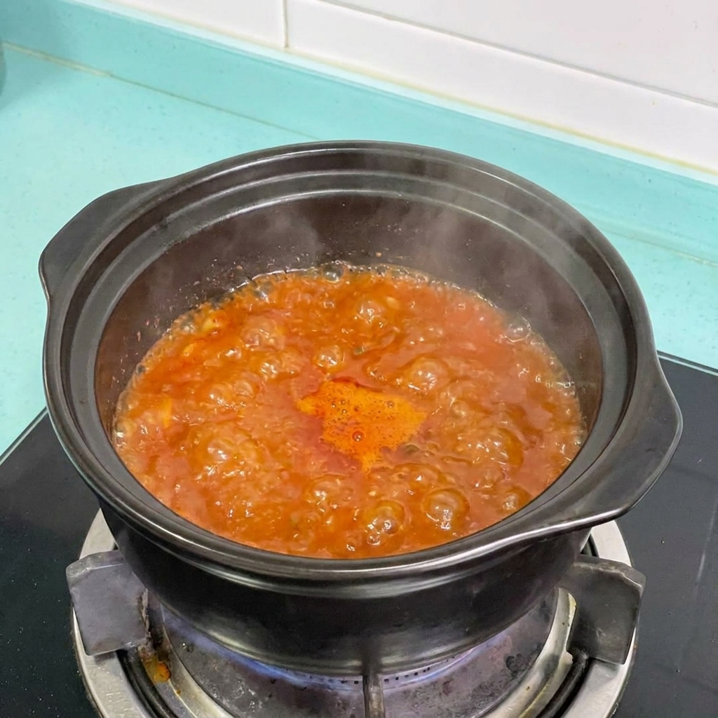 Onion and tofu being added to a bubbling pot of spicy red Korean stew.