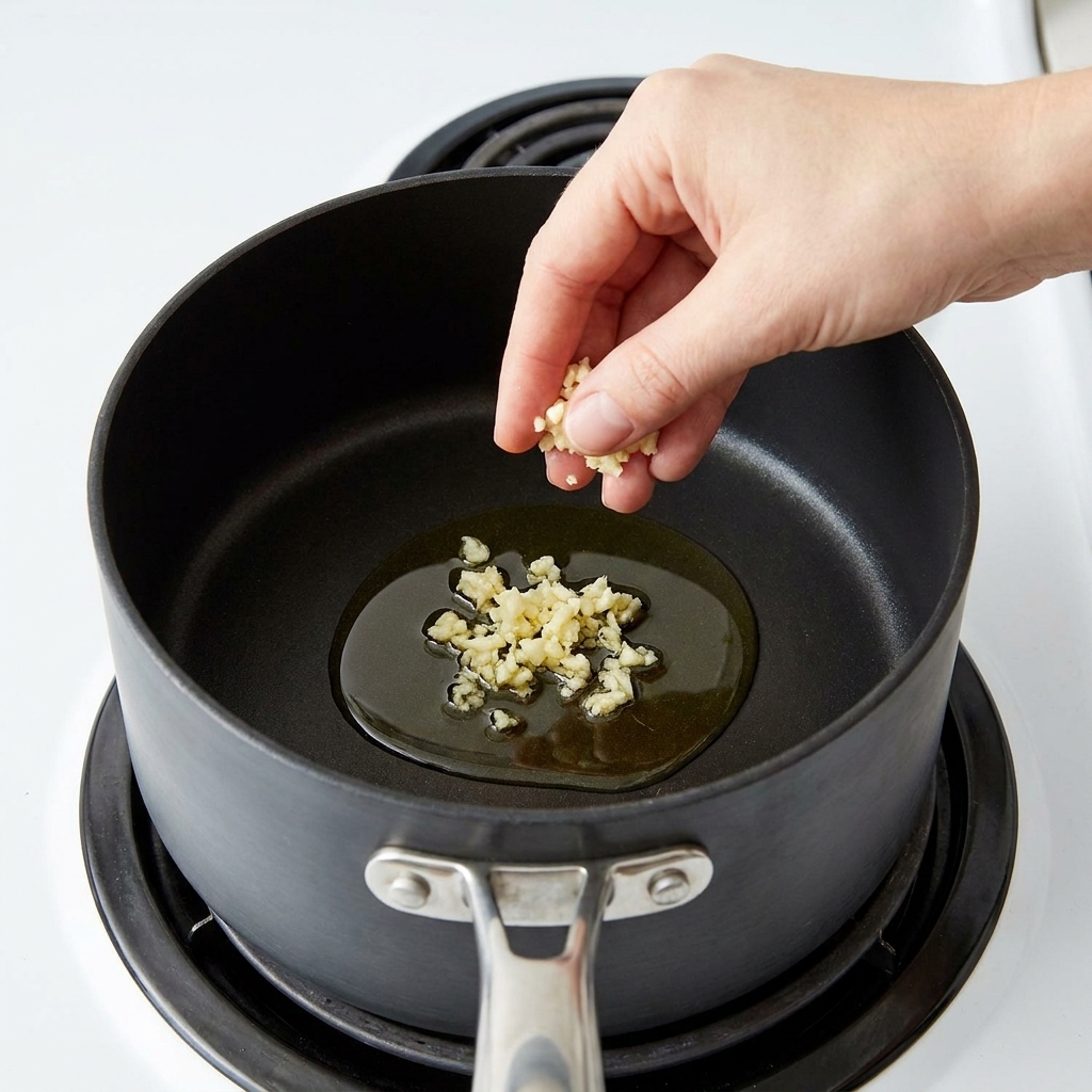 Minced garlic being added to the pool of hot sesame oil in the cooking pot.