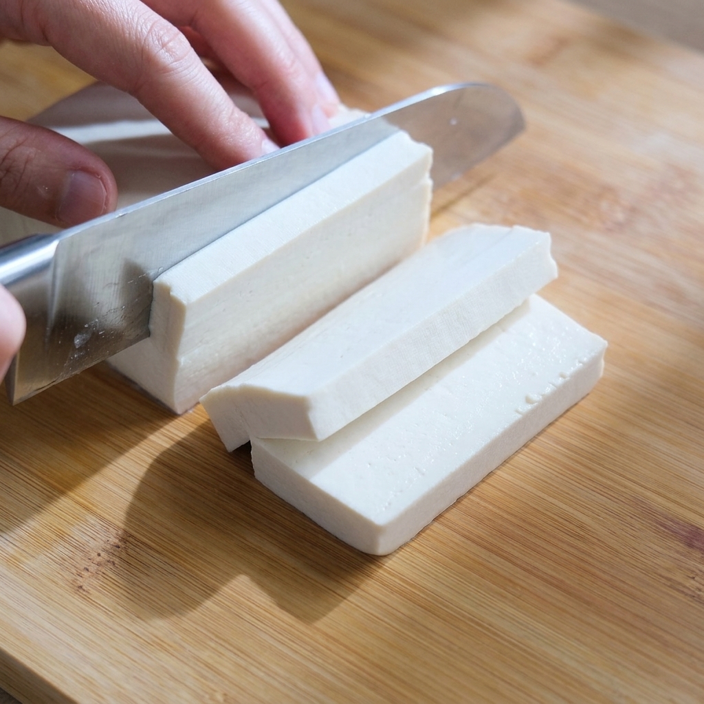 A block of white tofu being sliced into small, even cubes on a wooden cutting board.
