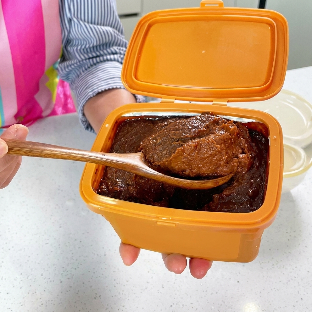 A large spoonful of thick, brown soybean paste being lowered into the stone pot of rice water.