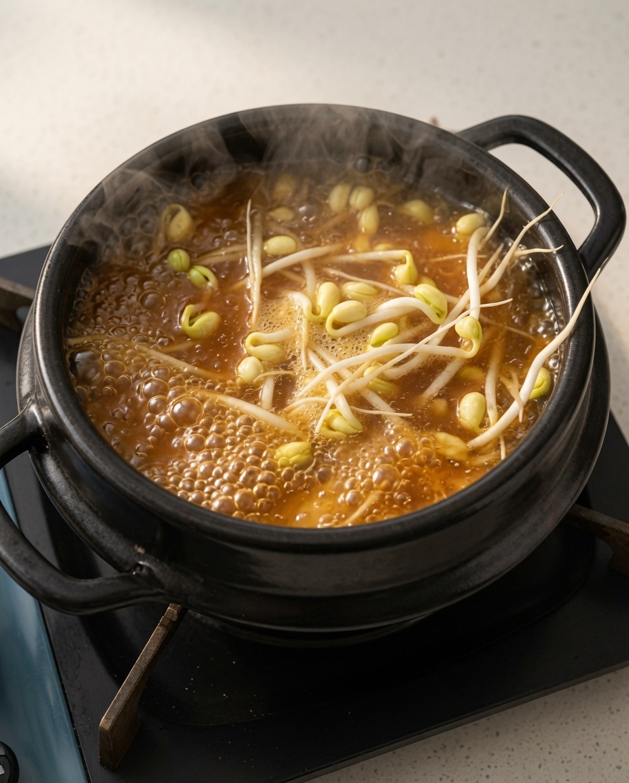 Bean sprouts, white onion slices, and tofu cubes added to the boiling stew.
