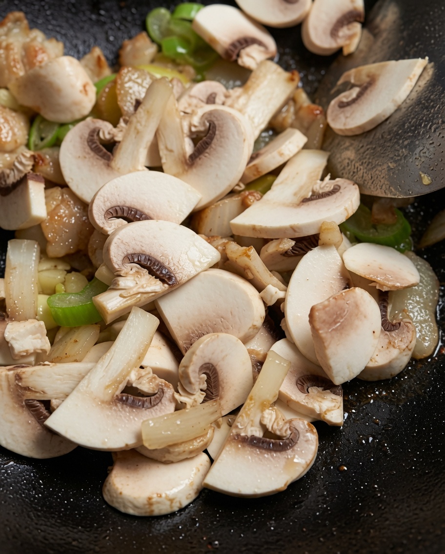 Sliced mushrooms cooking in a pan with pork and aromatic ingredients.