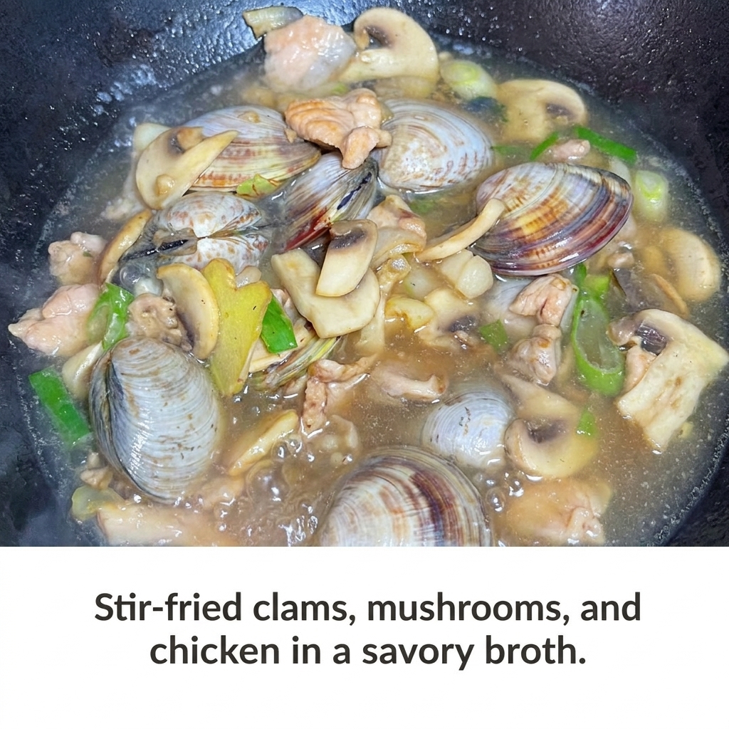 Soybean paste being mixed into the simmering broth with clams and vegetables.