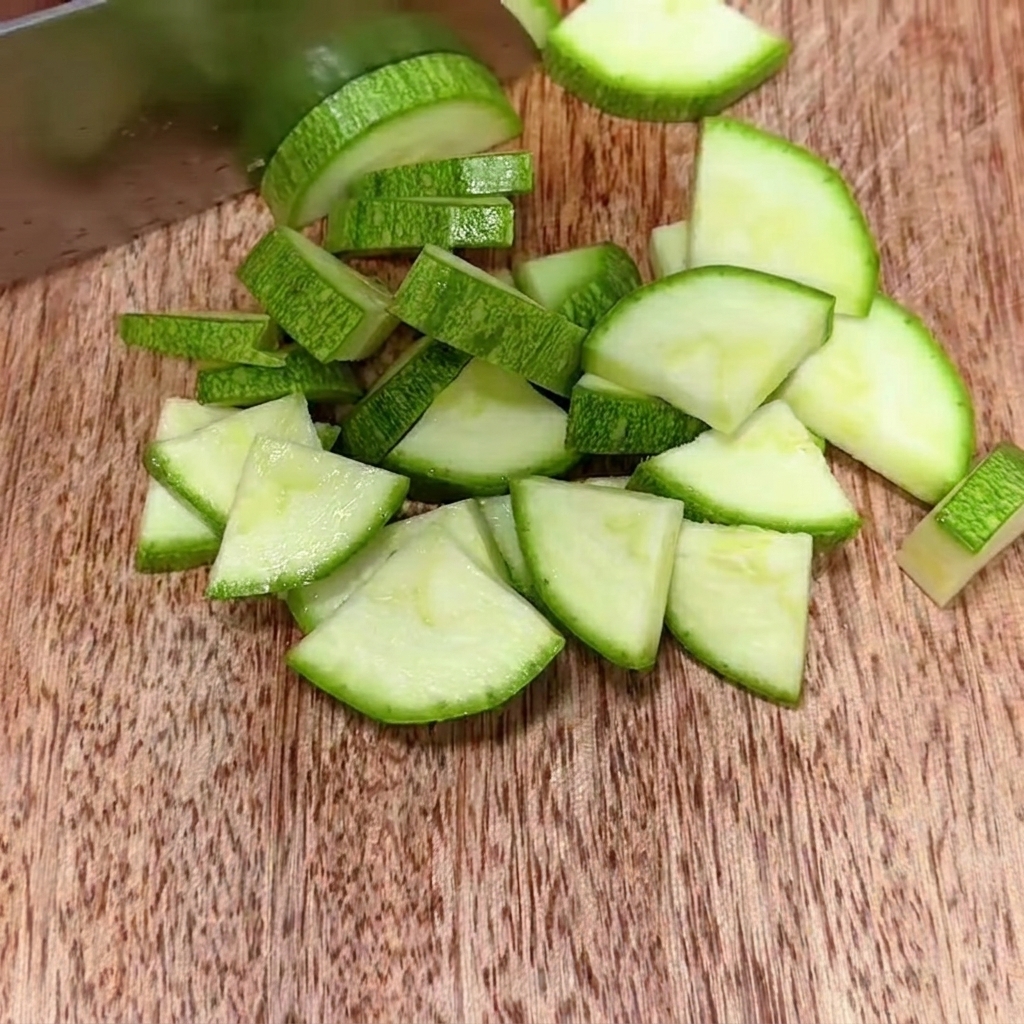 Fresh green zucchini sliced into small, uniform pieces arranged on a wooden cutting board.