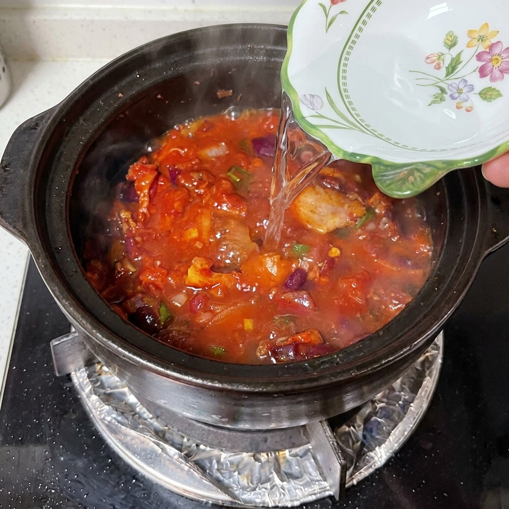 A bowl of water being poured into a dark clay pot over a stove.