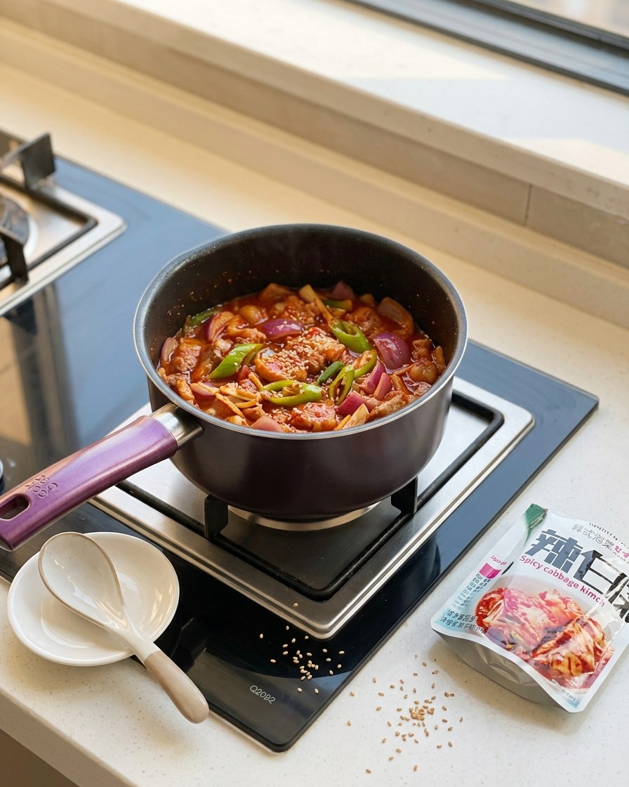 Stir-frying kimchi with pork belly and aromatics in a pot.