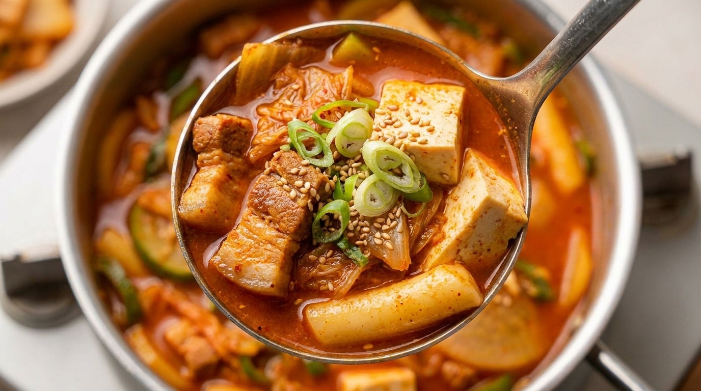 Spicy Pork Belly, Rice Cake, and Tofu Stew
