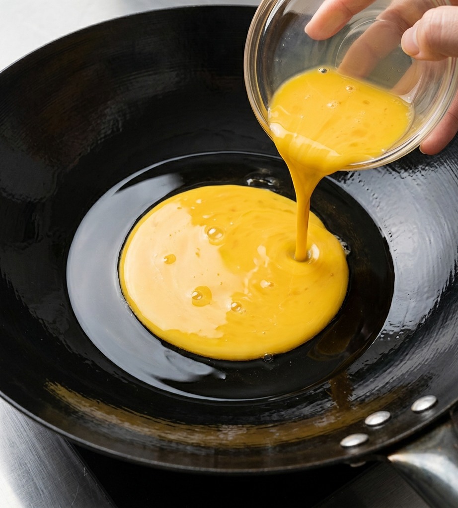 Eggs being scrambled in a hot wok with a small amount of oil, showing a soft, yellow texture.