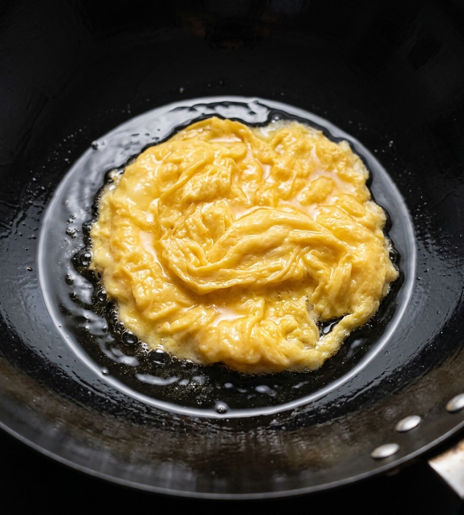 Boiling water being poured into a wok containing scrambled eggs, creating a bubbly, light yellow broth.