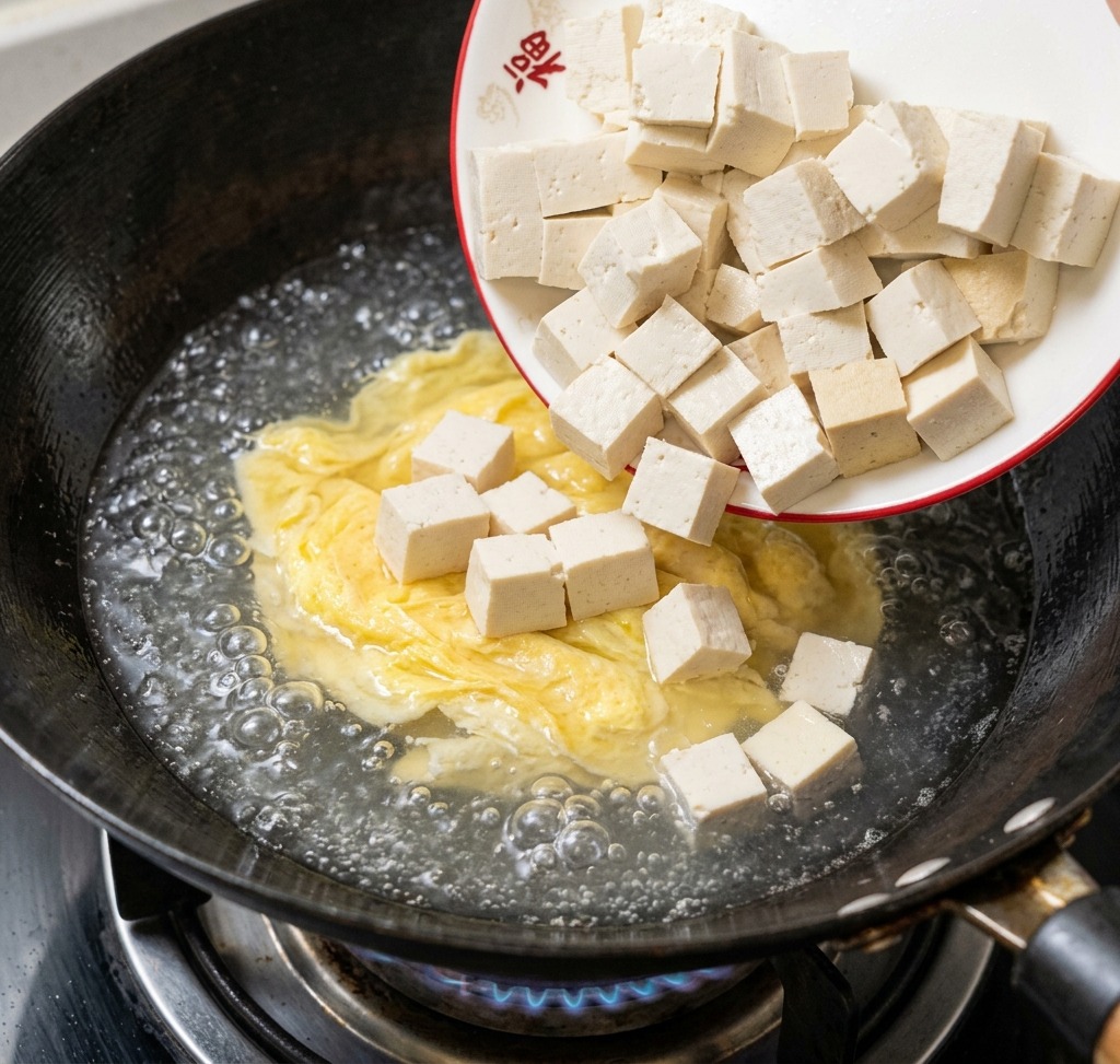 Diced tofu cubes being added into a pan of simmering egg broth.