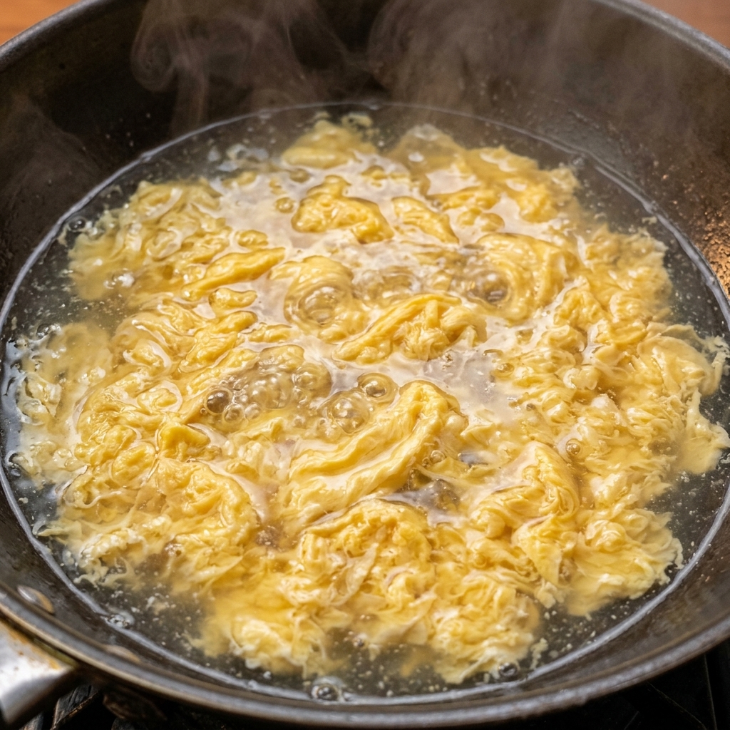 Boiling water being poured into a wok with cooked salted eggs.