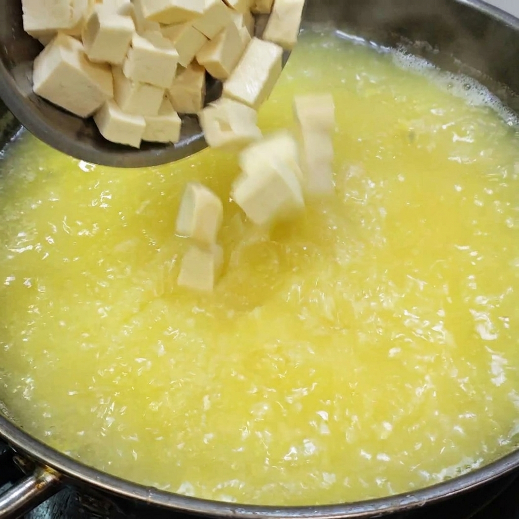 Tofu cubes being added to a simmering pot of salted egg soup.