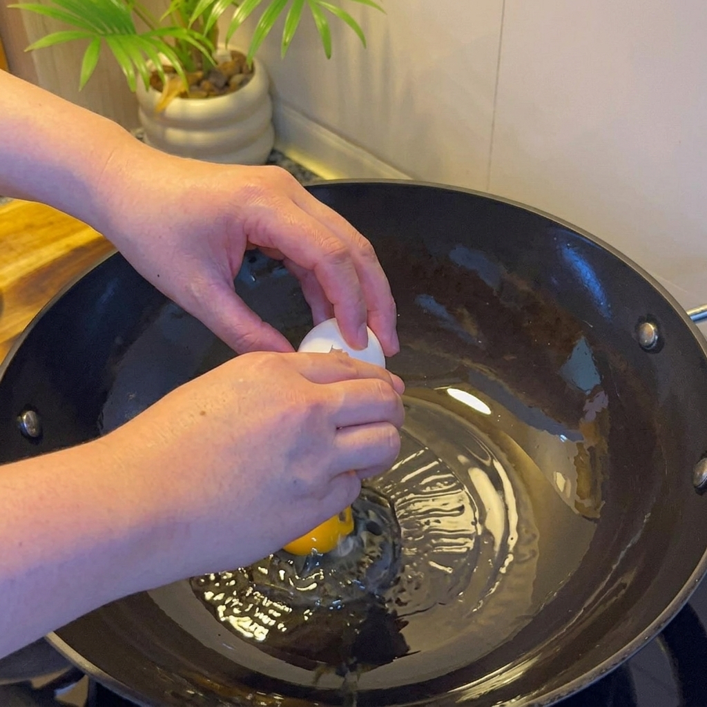 A golden-brown fried egg cooking in a wok with oil.