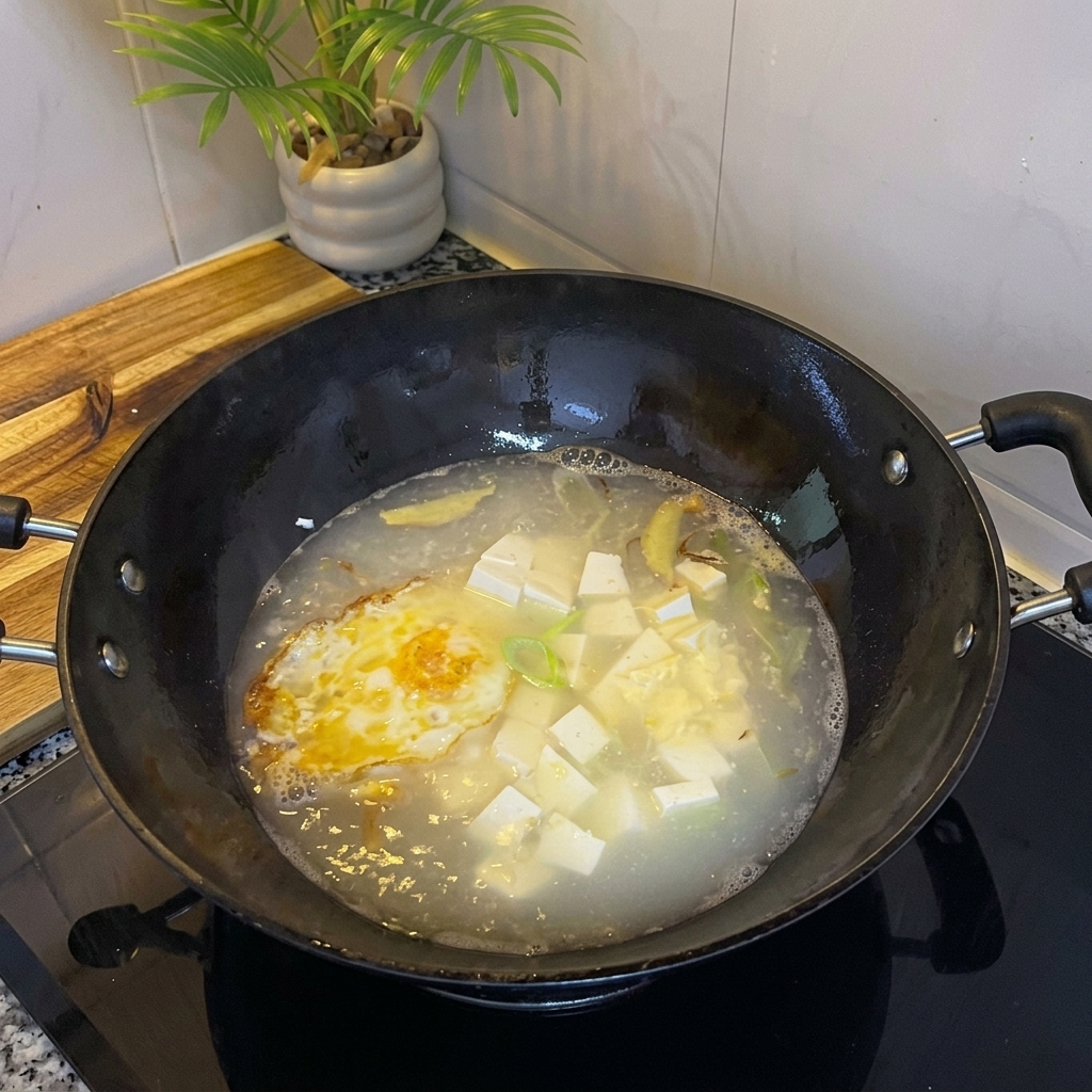 Soup broth with egg and tofu cubes being seasoned.