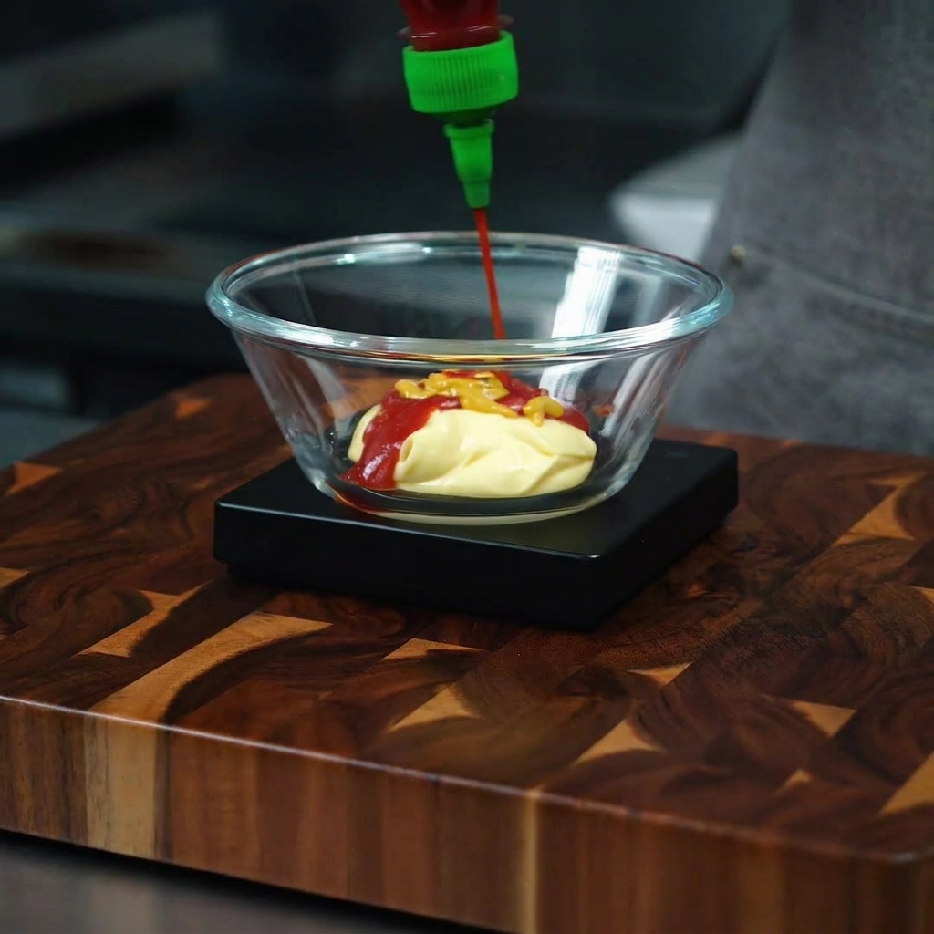 White vinegar being poured into the glass bowl with the other sauce ingredients.
