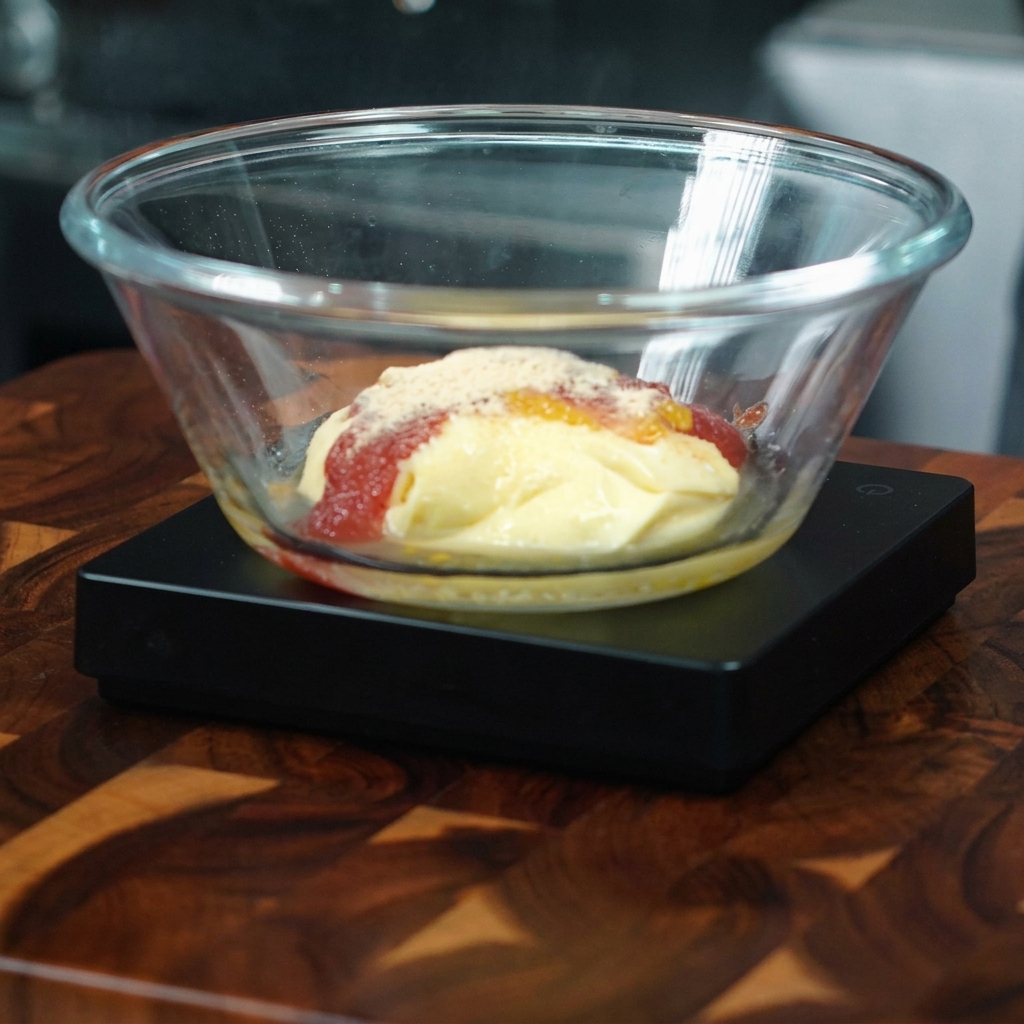 A close-up view of a glass bowl containing sauce ingredients with 1g of onion powder being added on top.