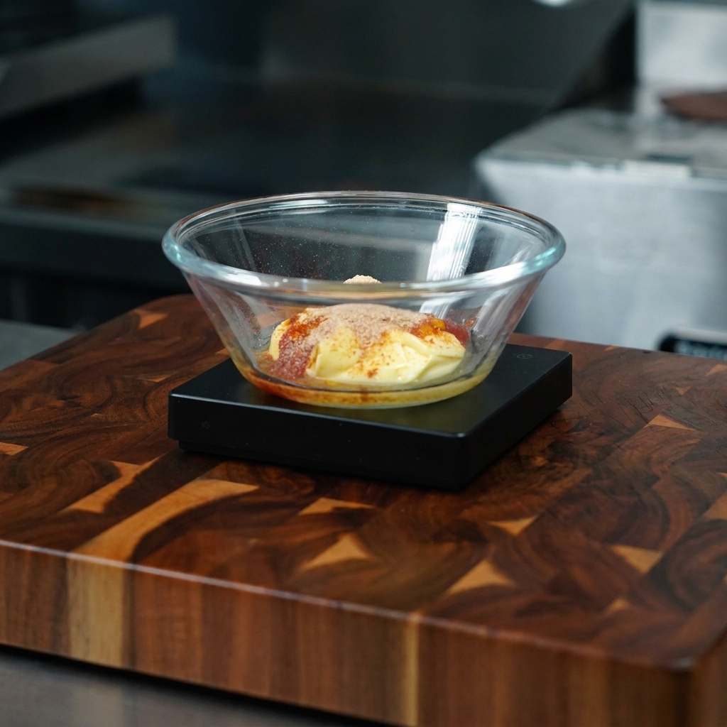 1g of garlic powder being added to the sauce mixture in a clear glass bowl.