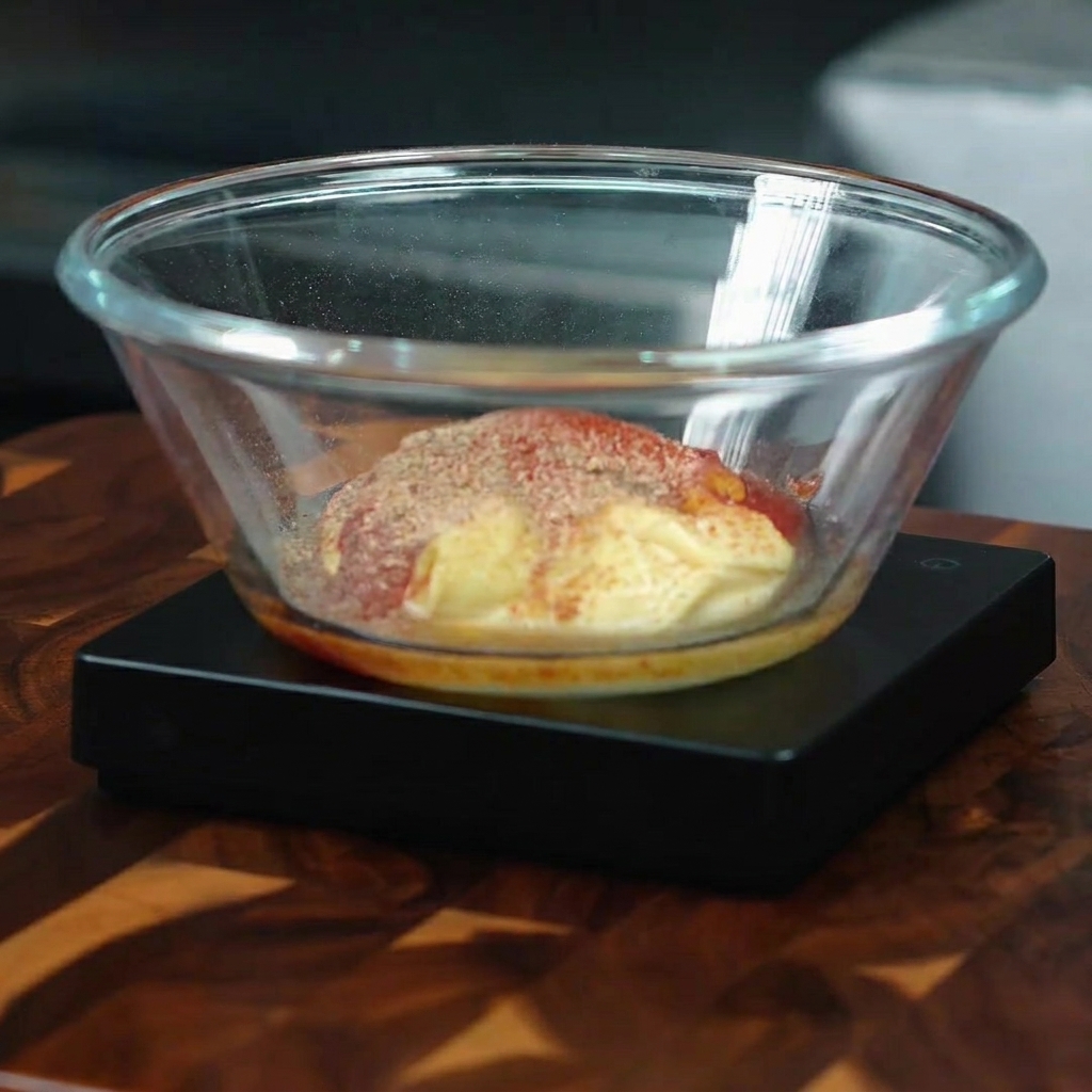 The sauce mixture in a glass bowl topped with chili powder, black pepper, and salt.