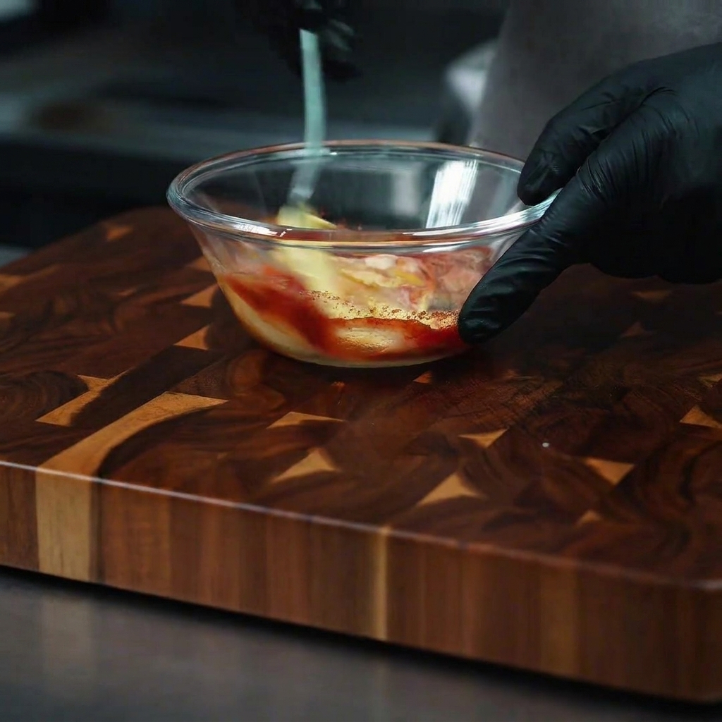 A hand in a black glove using a spoon to mix the sauce ingredients together in a glass bowl.