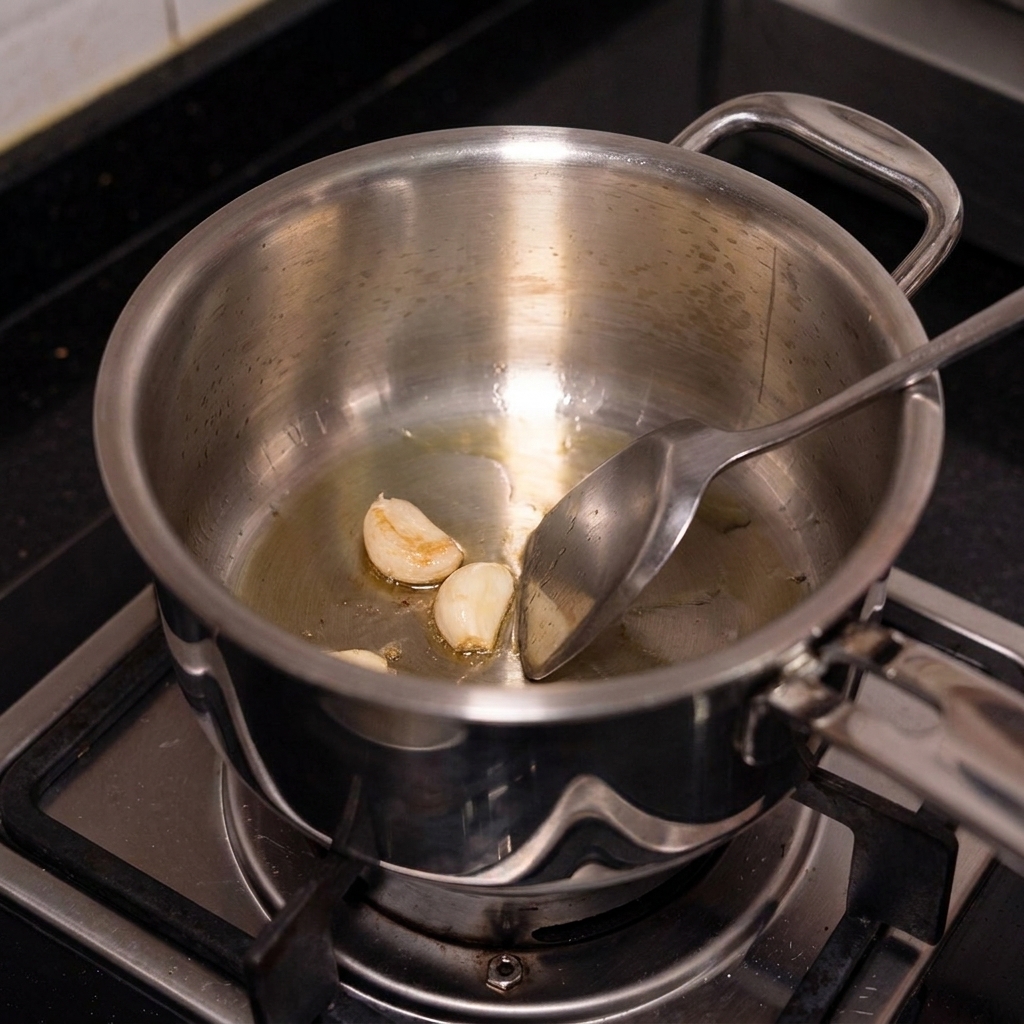 Garlic cloves and bacon strips sizzling in a small saucepan on a stovetop.