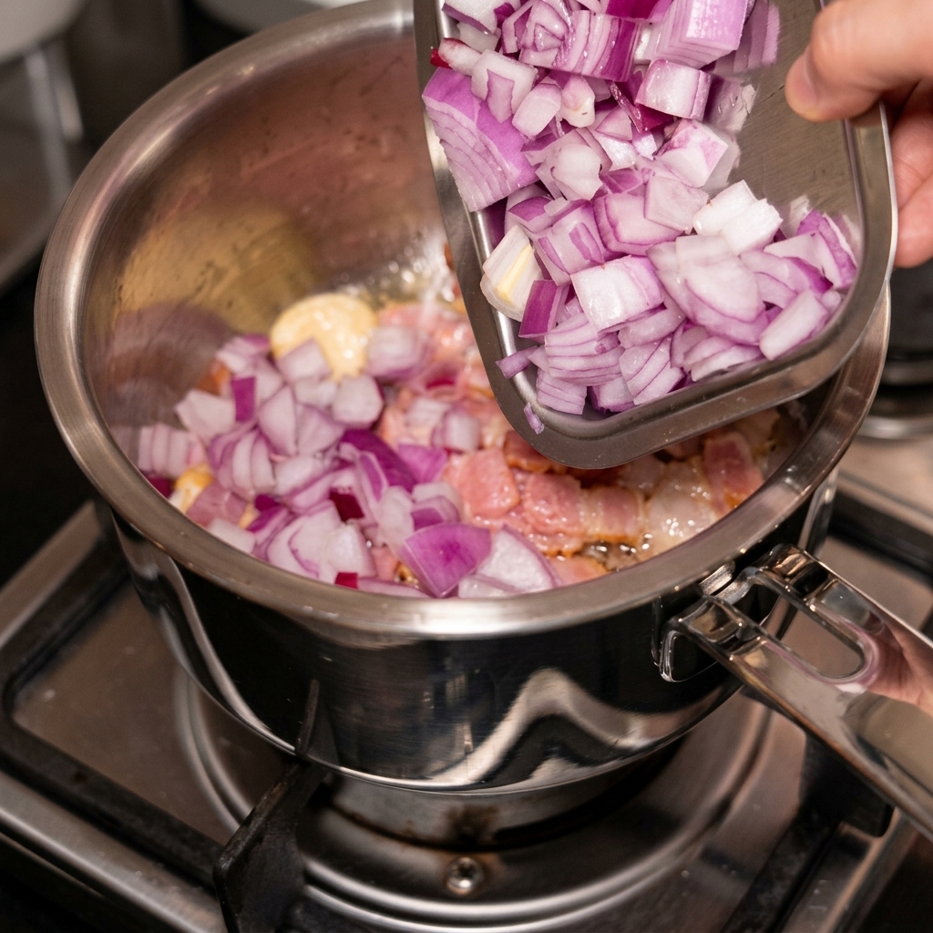 Diced purple onions being poured into a saucepan with garlic and bacon.