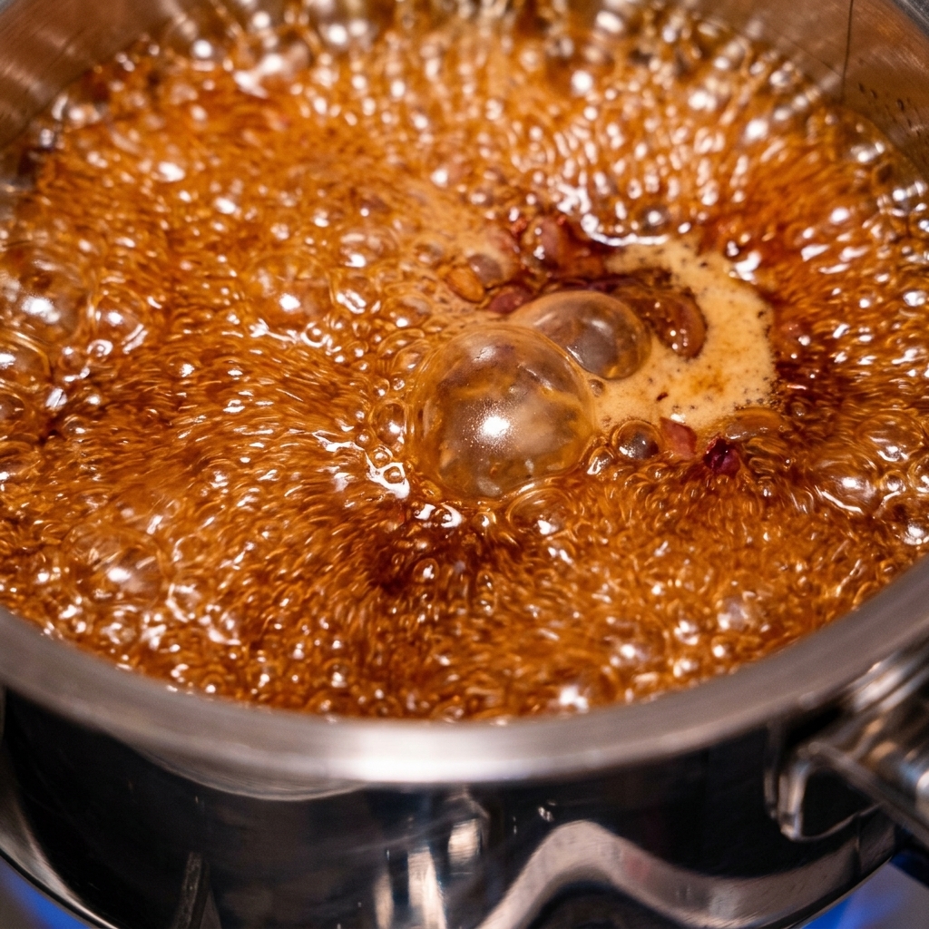 Smooth, dark brown sauce being poured from a blender container.