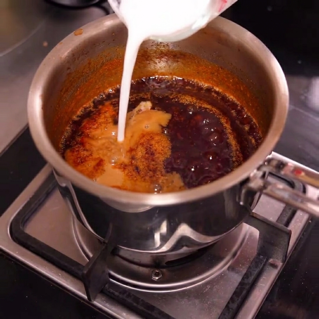Thickening sauce bubbling in a pan after the addition of cornstarch slurry.