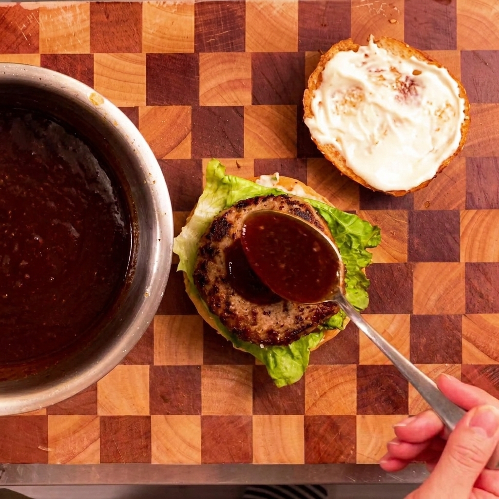 A close-up view of a spoon pouring dark, glossy teriyaki sauce onto a cooked beef patty sitting on a bed of fresh lettuce.