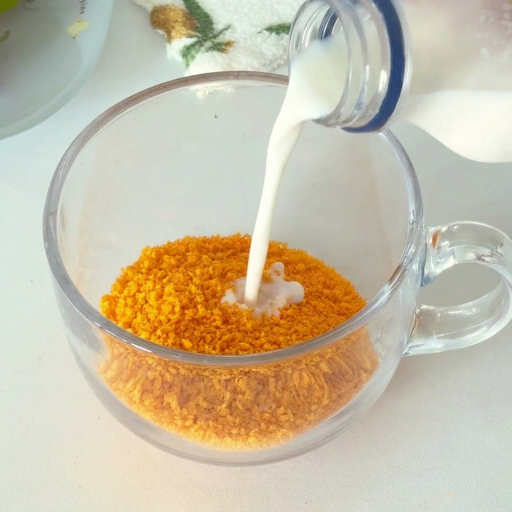 A close-up view of milk being poured into breadcrumbs in a glass container, ready to be mixed.