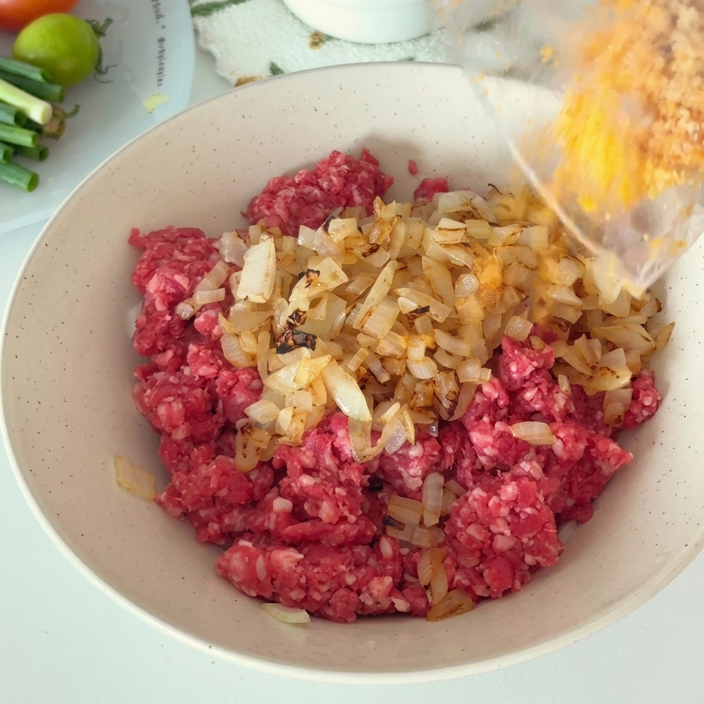 The moist breadcrumb mixture being poured into the bowl with beef and onions.