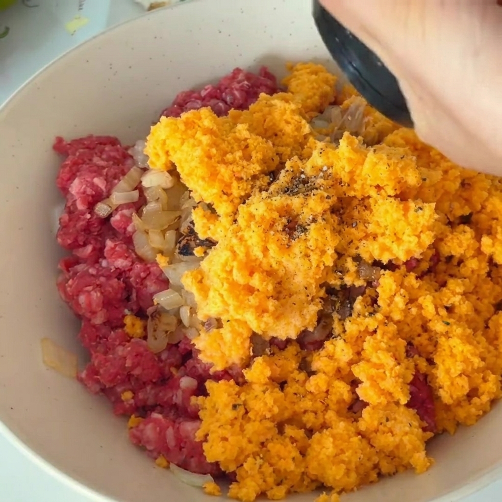 Freshly ground black pepper and salt being added to the raw meat and vegetable mixture.