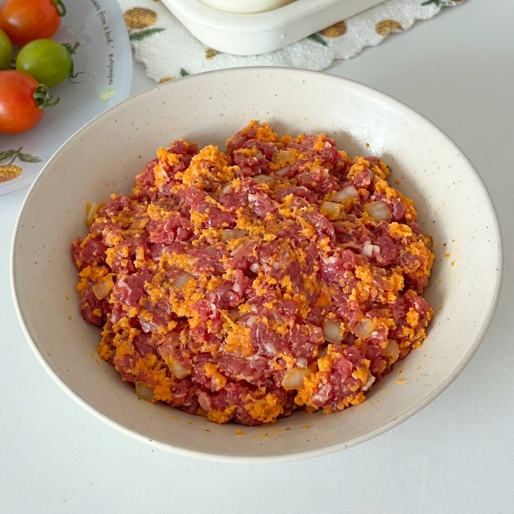A bowl containing minced beef, cooked white onions, and breadcrumbs being mixed by a gloved hand.
