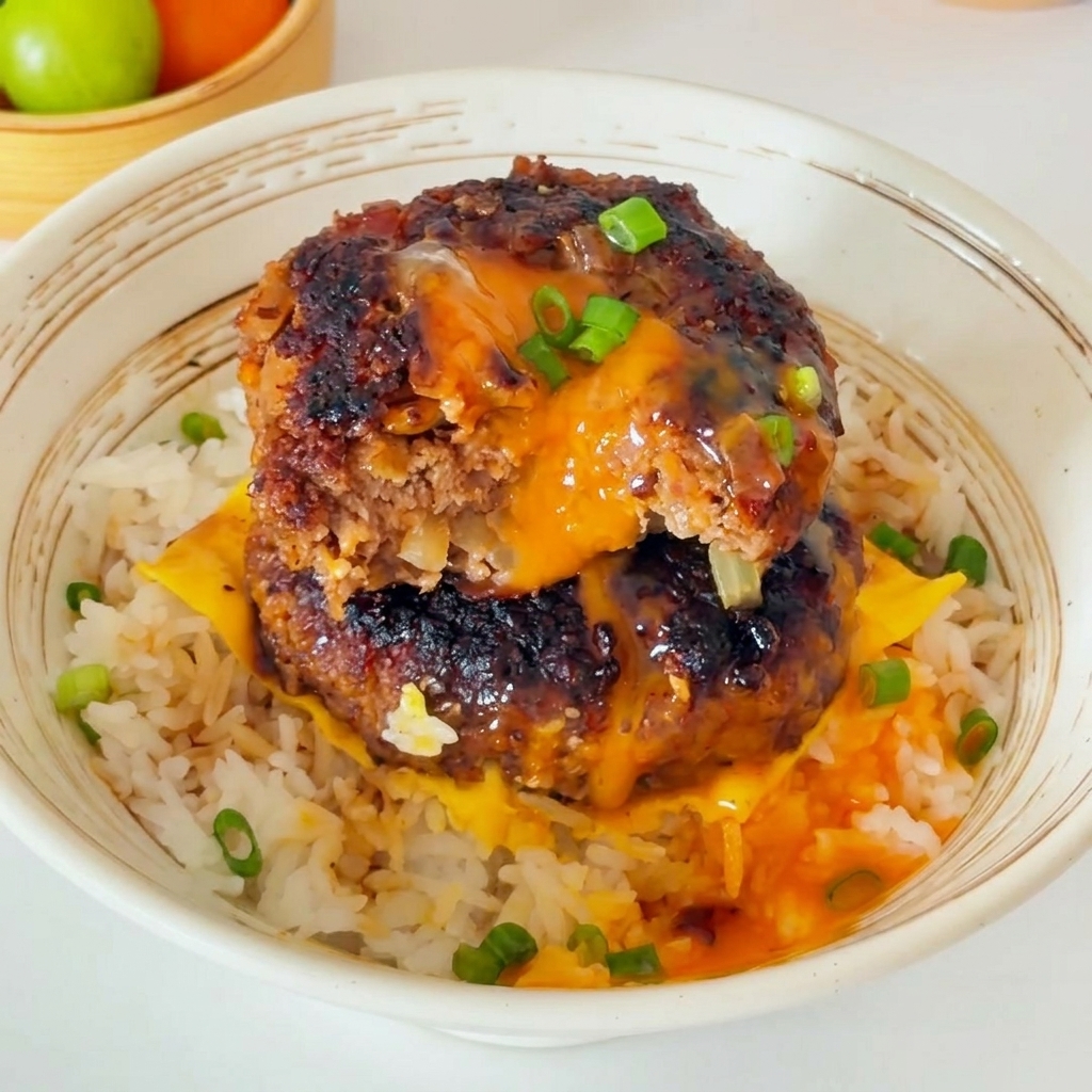 A slice of cheese resting on a bed of warm white rice in a bowl.