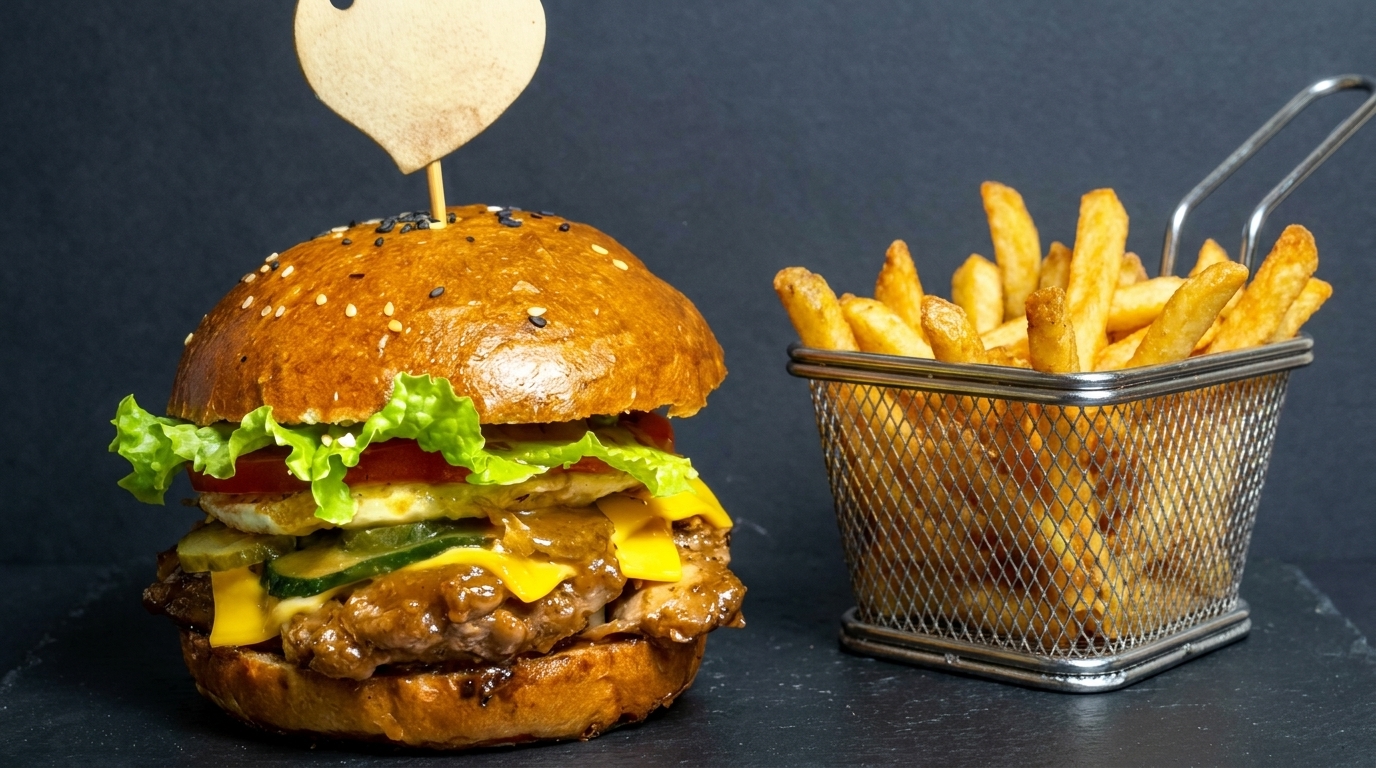 A mouth-watering, gourmet teriyaki chicken leg burger with a toasted bun, tender glazed chicken, and fresh toppings, served with crispy fries.