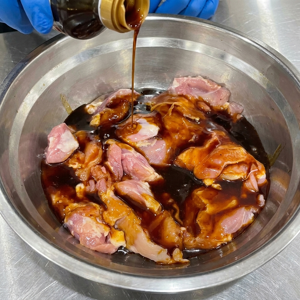 Raw boneless chicken thighs in a metal bowl being coated with dark Japanese teriyaki sauce.