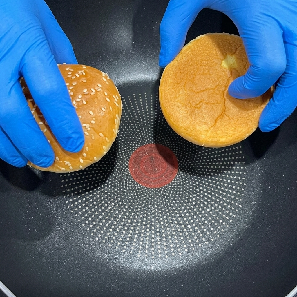 Brioche burger buns being toasted in a pan.