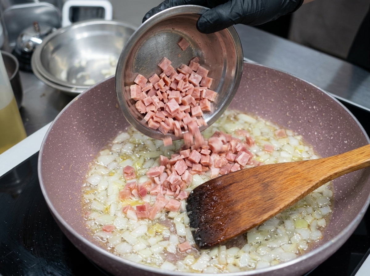 Small pieces of bacon being stirred into the sautéed onion and garlic mixture.