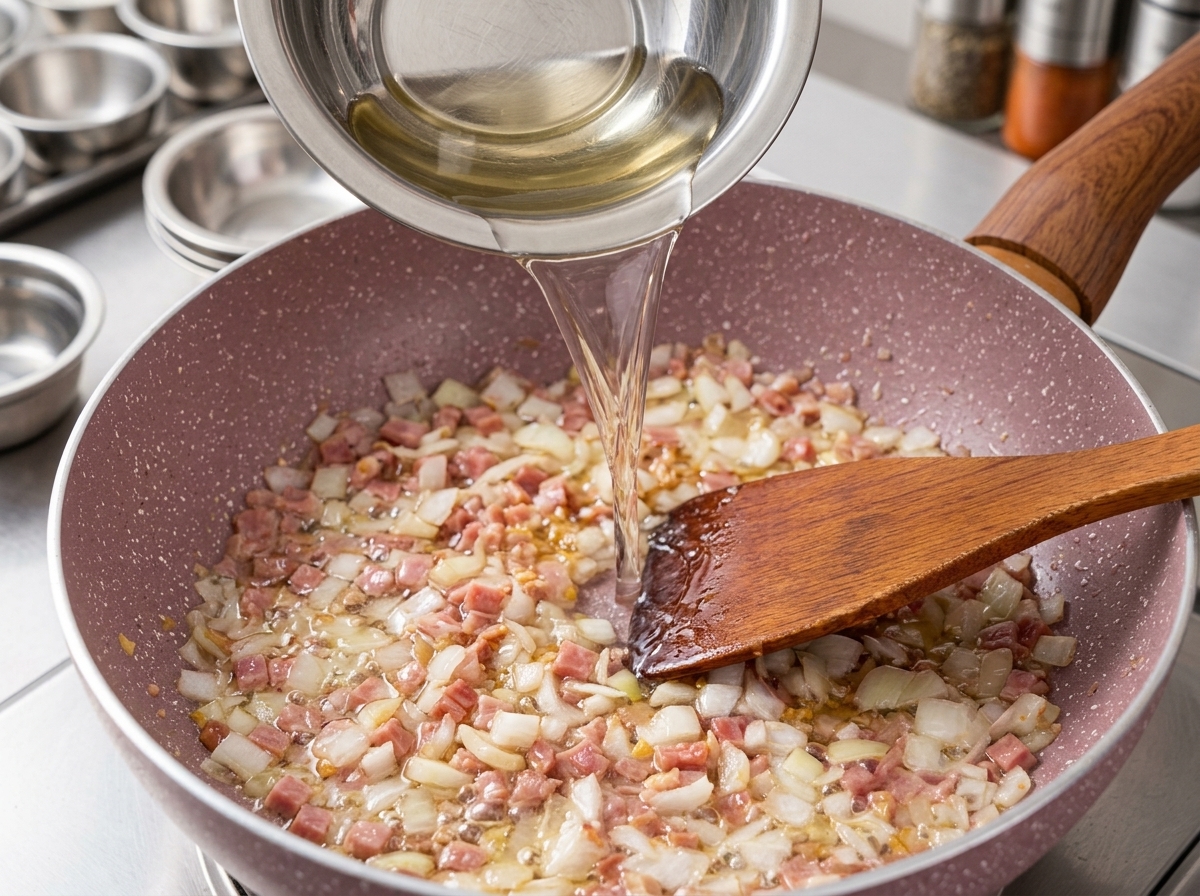 Clear liquid being poured from a small metal bowl into the pan containing sautéed bacon and onions.