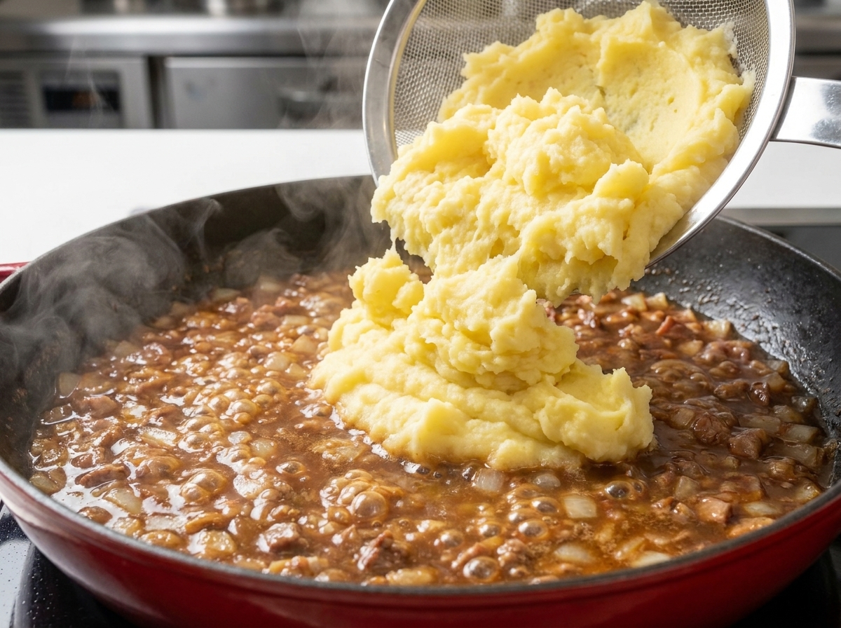 A large portion of smooth, cooked mashed potatoes being added to a simmering pan of ingredients.