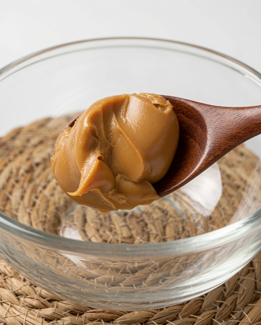 A wooden spoon lifting a generous scoop of smooth peanut butter into a clean glass mixing bowl.