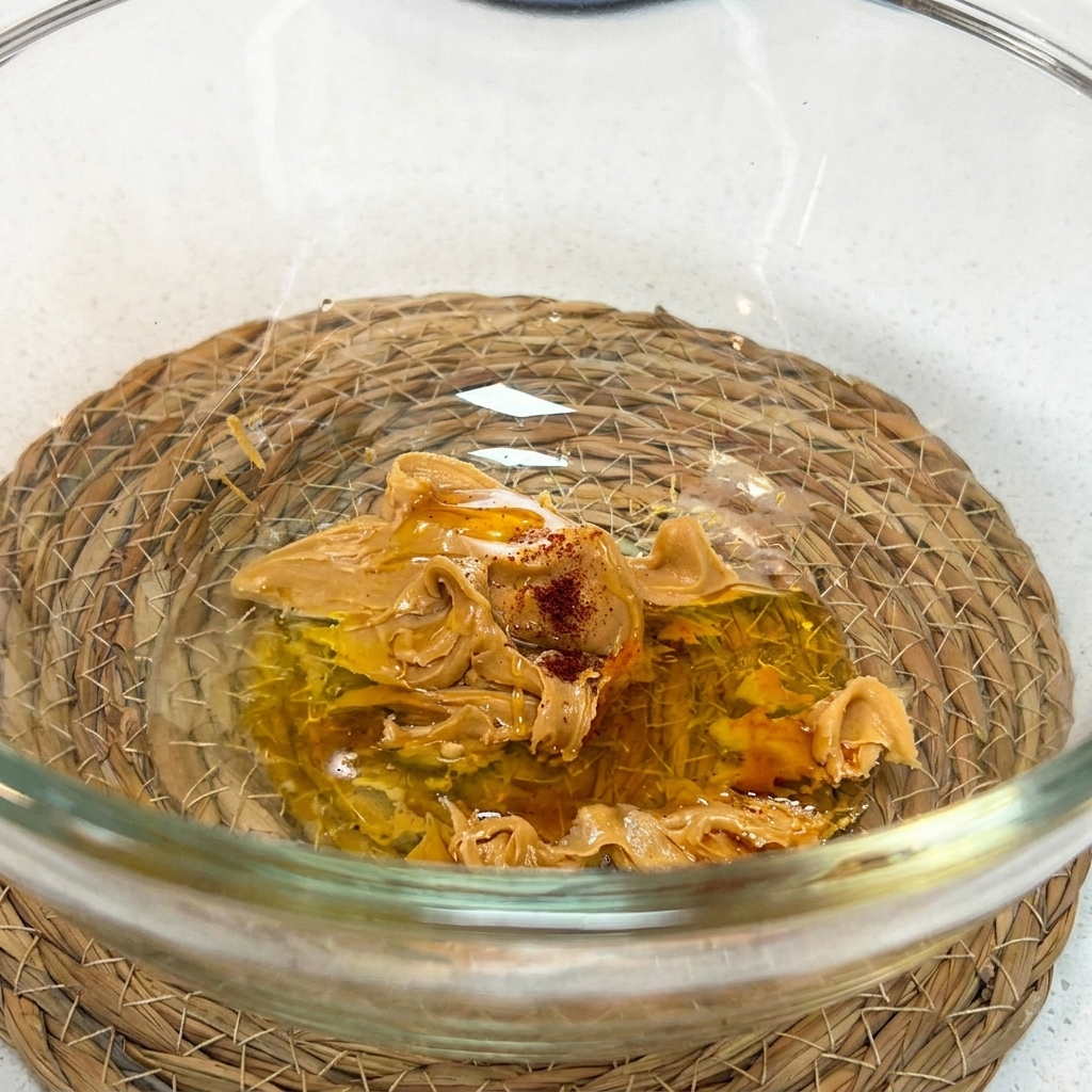 A whisk blending the peanut butter, soy sauce, honey, vinegar, water, and shacha sauce together in a glass bowl.