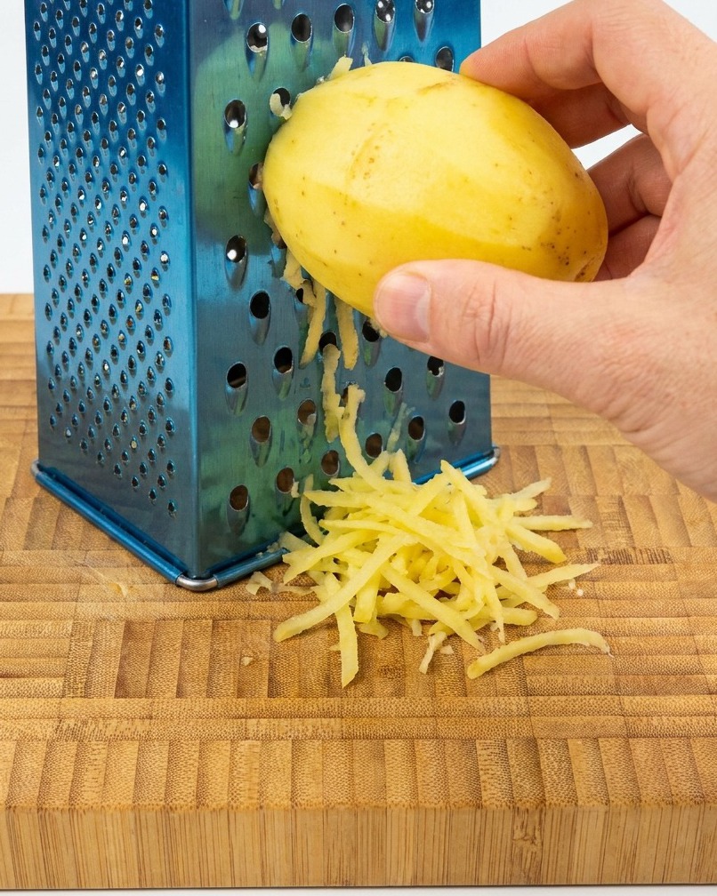 Finely shredded potato pieces on a wooden cutting board next to a blue handheld grater.