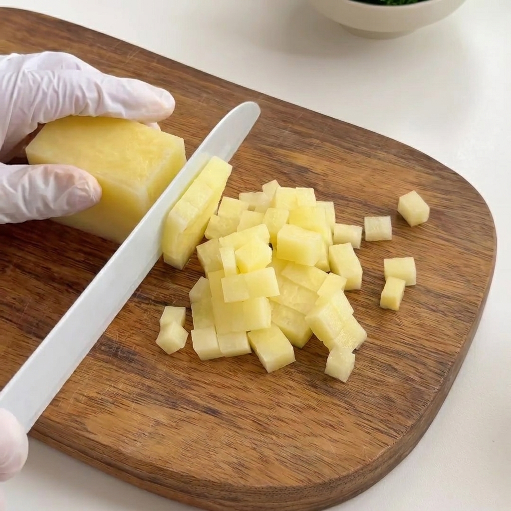 Small, evenly cut potato cubes prepared on a wooden cutting board.