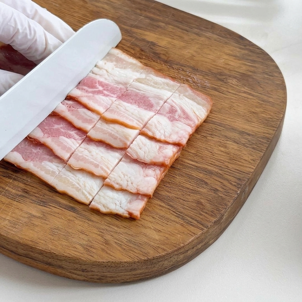 Bacon strips sliced into smaller, uniform pieces on a wooden cutting board.