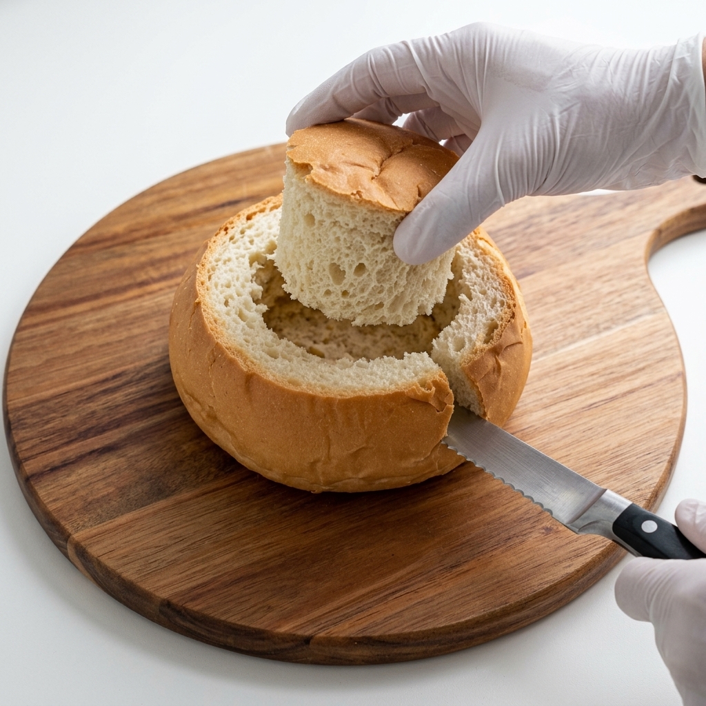 A hollowed-out round bread loaf serving as a bowl.