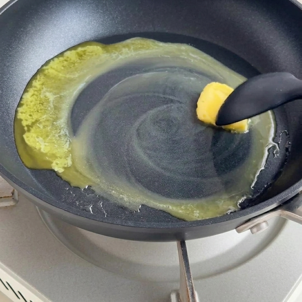 Butter melting in a non-stick pan with flour being stirred in to form a smooth roux.