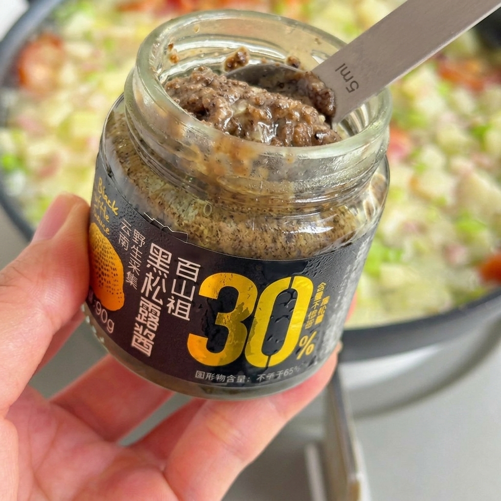 A spoonful of dark black truffle sauce being mixed into a pan filled with sautéed onions, celery, and potatoes.