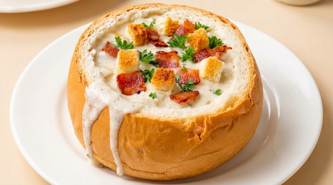 Black Truffle American Clam Chowder in a Bread Bowl