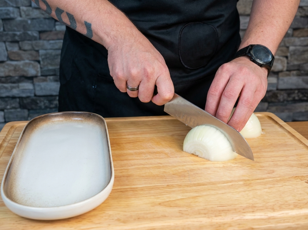 Onions, celery, carrots, garlic, and potatoes neatly diced on a wooden cutting board, ready for the soup.