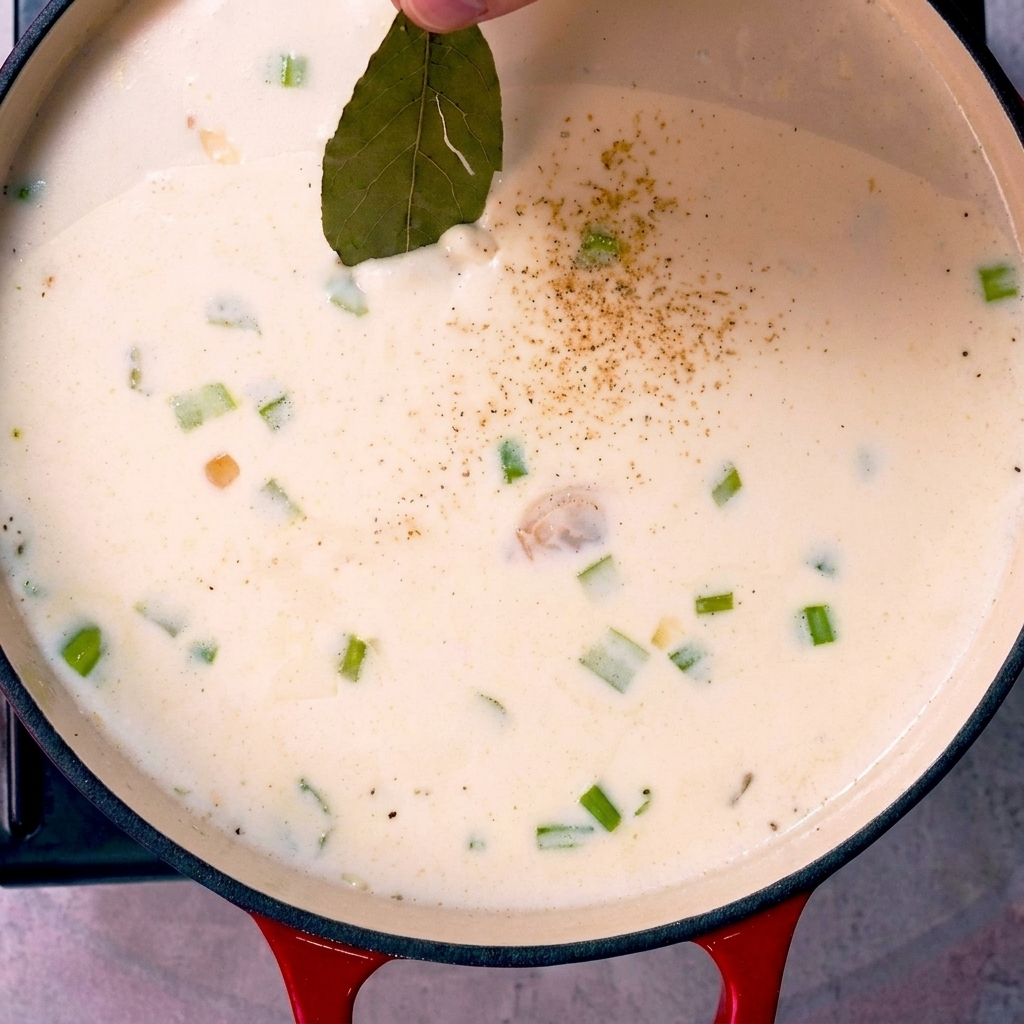 Salt, pepper, a bay leaf, and fresh thyme being added to the creamy chowder base.